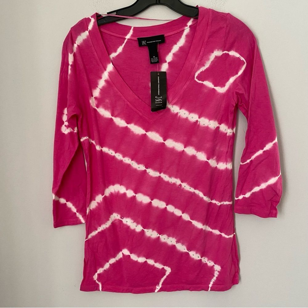 INC Women’s V Neck 3/4 Sleeve Tie Dye Top size M